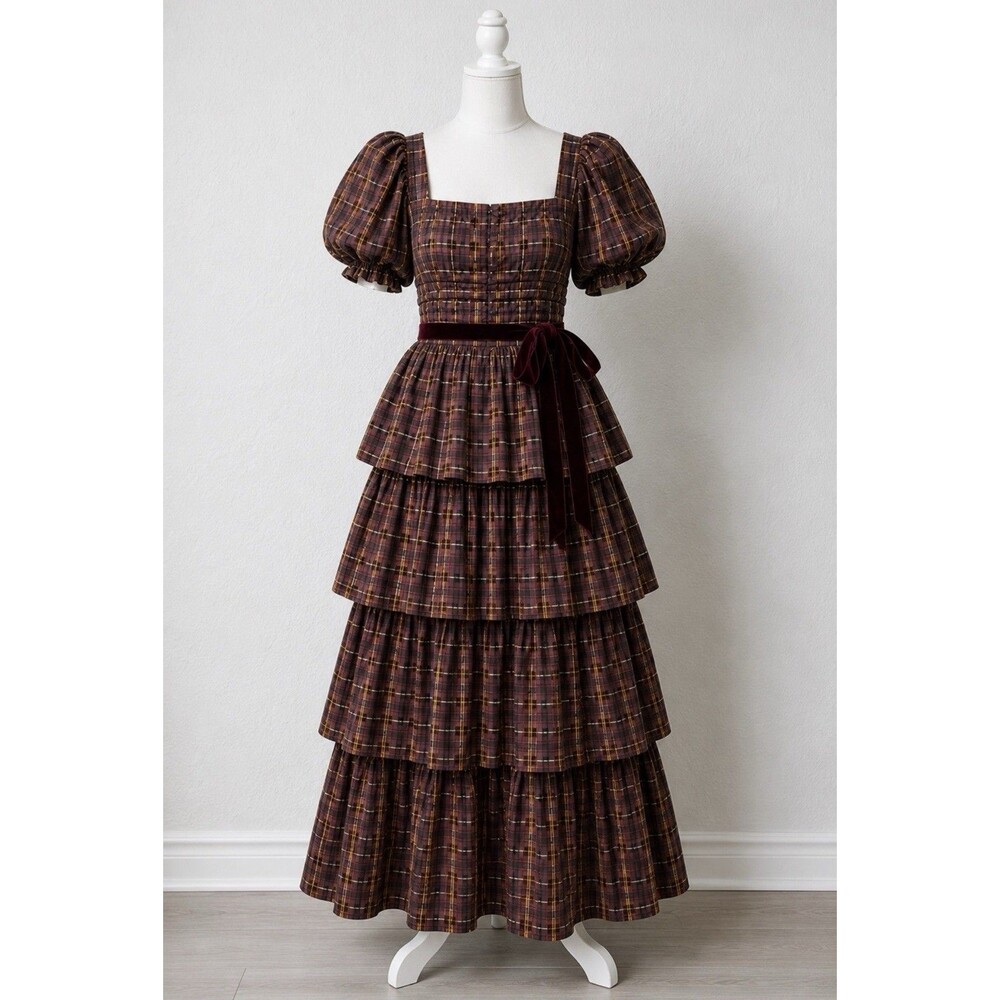 Antonio Melani Tiered Prairie Cottagecore Midi Dress Brown Plaid Puff Sleeve 16